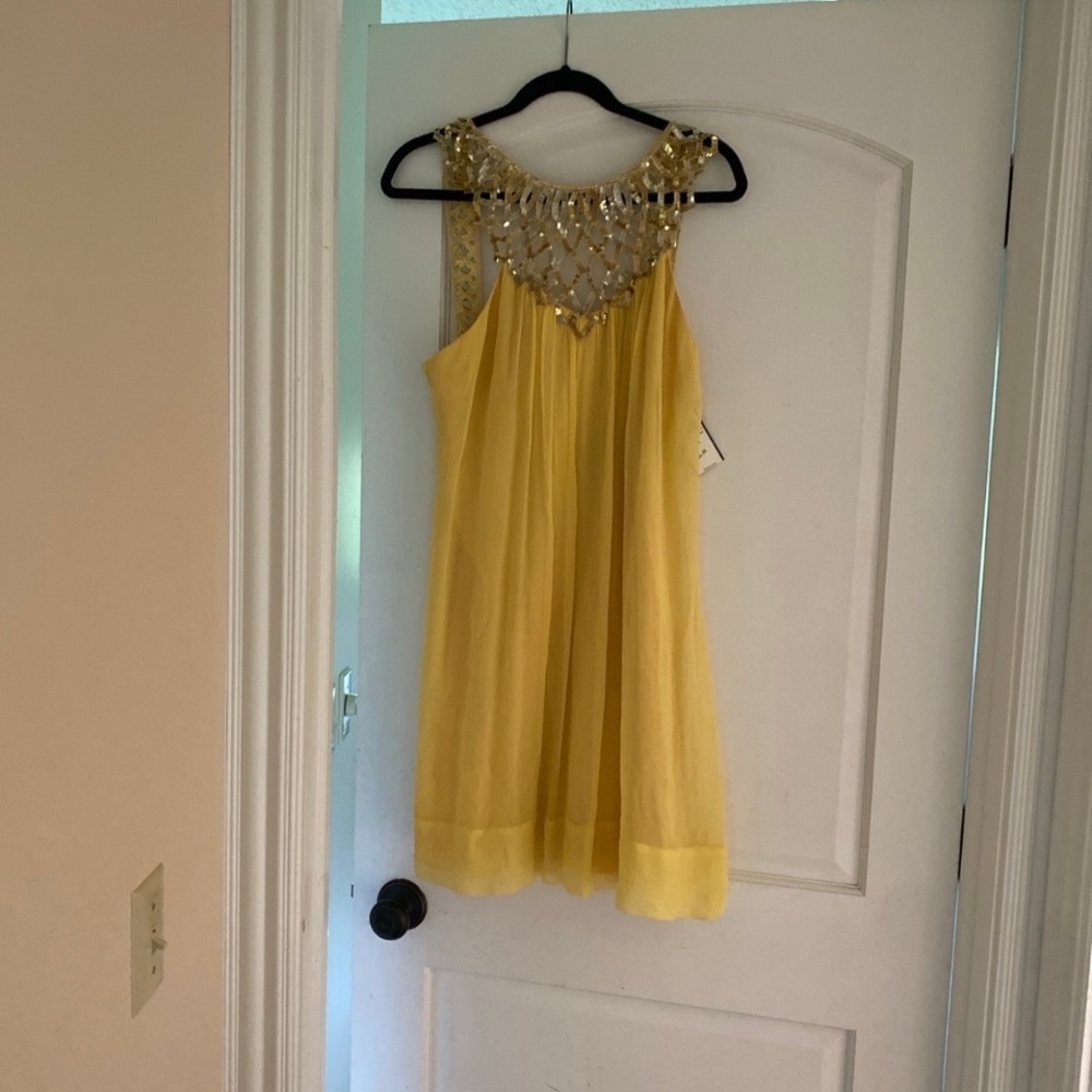 "BCBGMaxazria NWT Yellow Silk Dress, Size 10 Gold Sequin Evening Gown, Formal